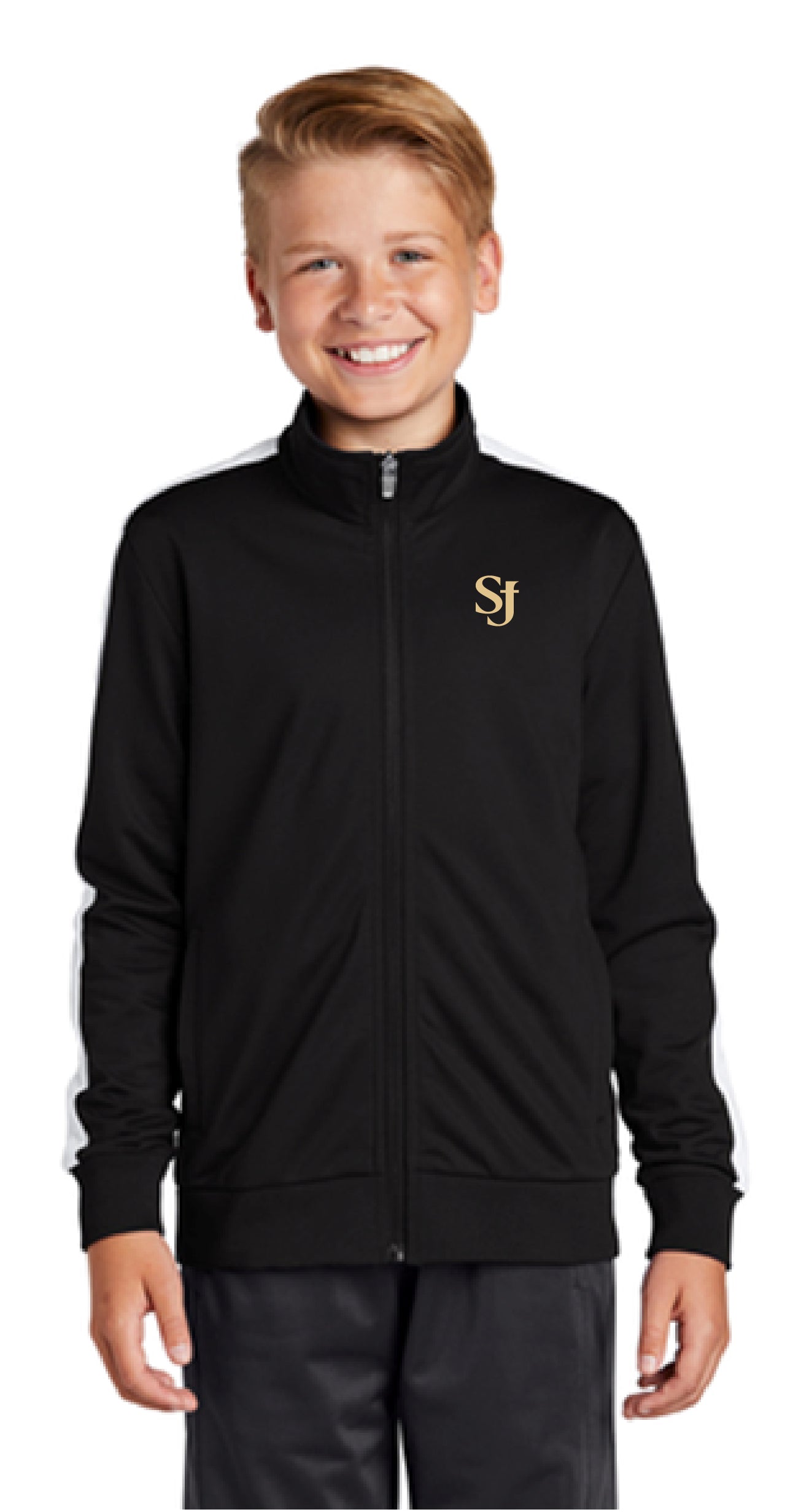 Black track Jacket with embroiled StJ logo with men, women and youth sizing